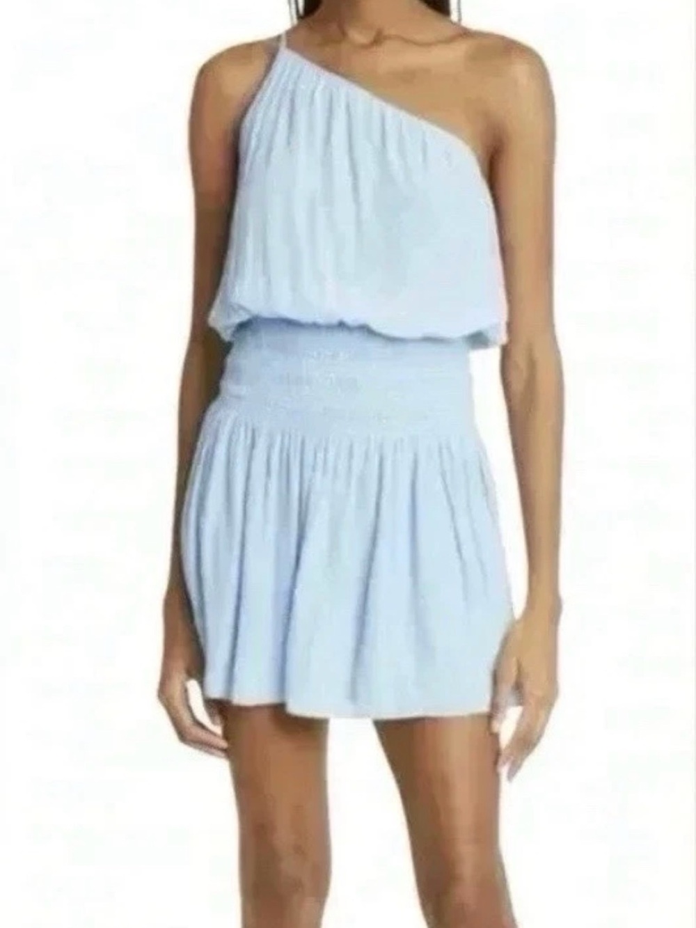NWT Ramy Brook One-Shoulder Ice Blue Smocked Waist Mini Dress